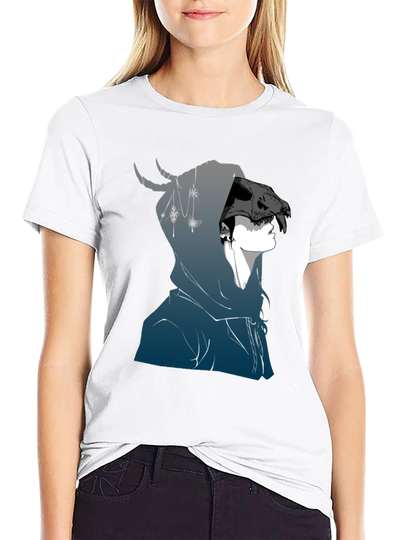 Mens Black Graphic T-Shirt - Skull Hooded Figure
