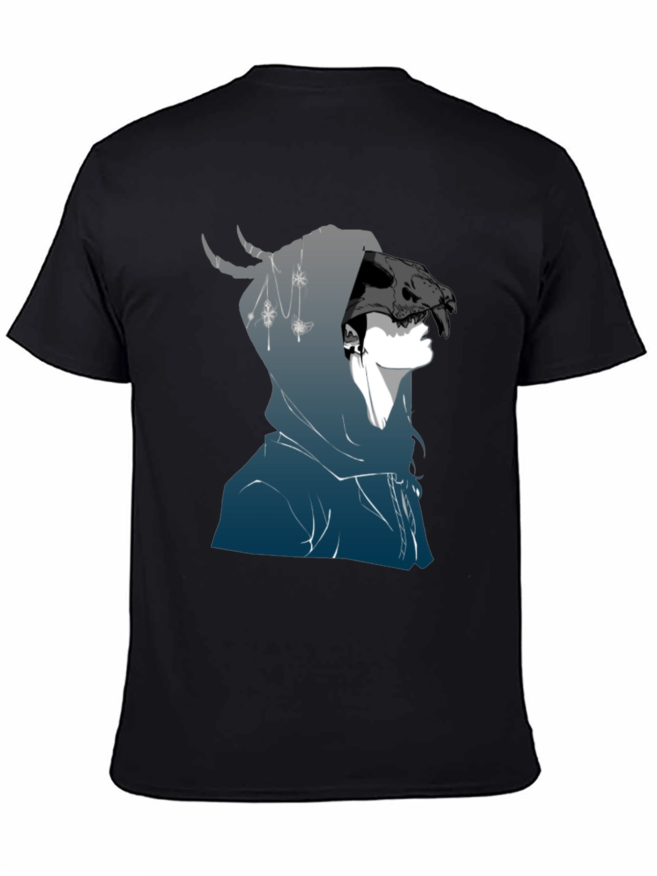 Mens Black Graphic T-Shirt - Skull Hooded Figure