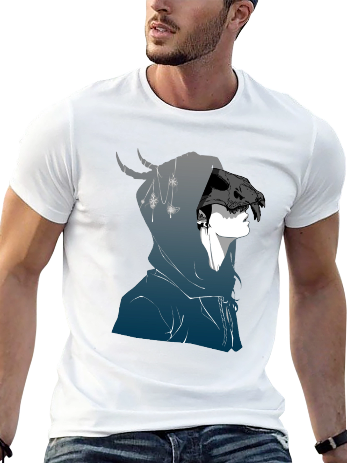 Mens Black Graphic T-Shirt - Skull Hooded Figure