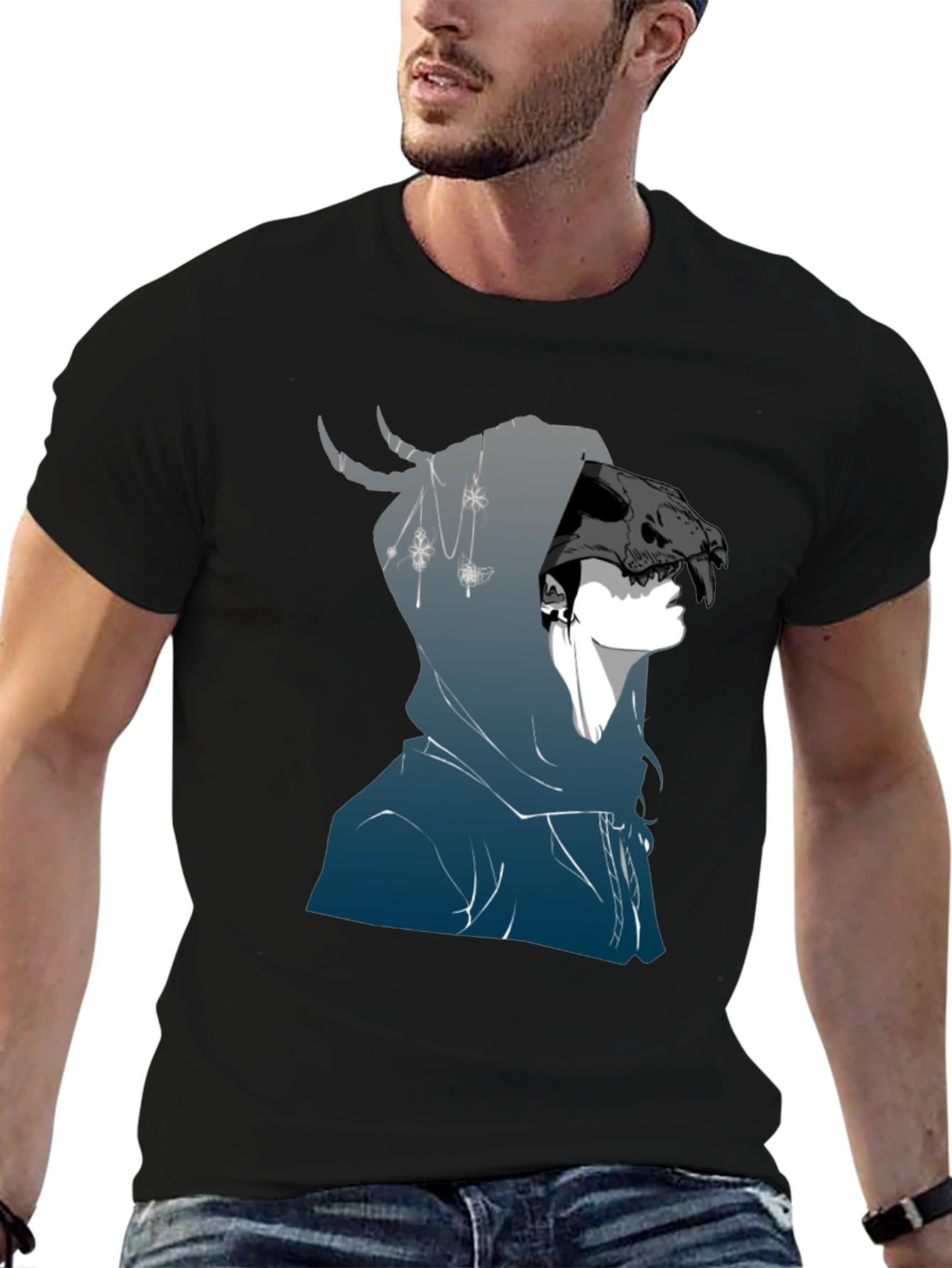 Mens Black Graphic T-Shirt - Skull Hooded Figure