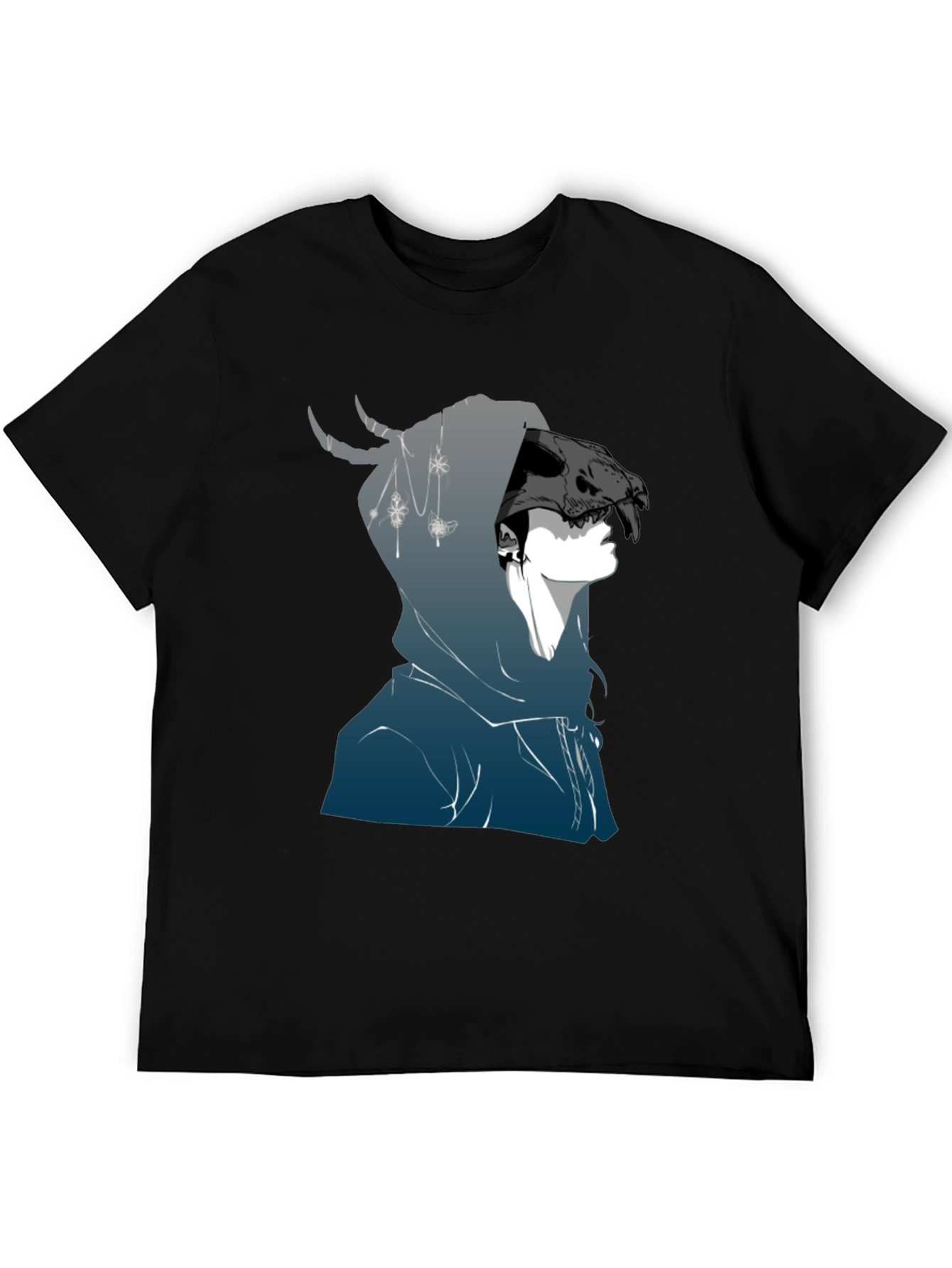 Mens Black Graphic T-Shirt - Skull Hooded Figure