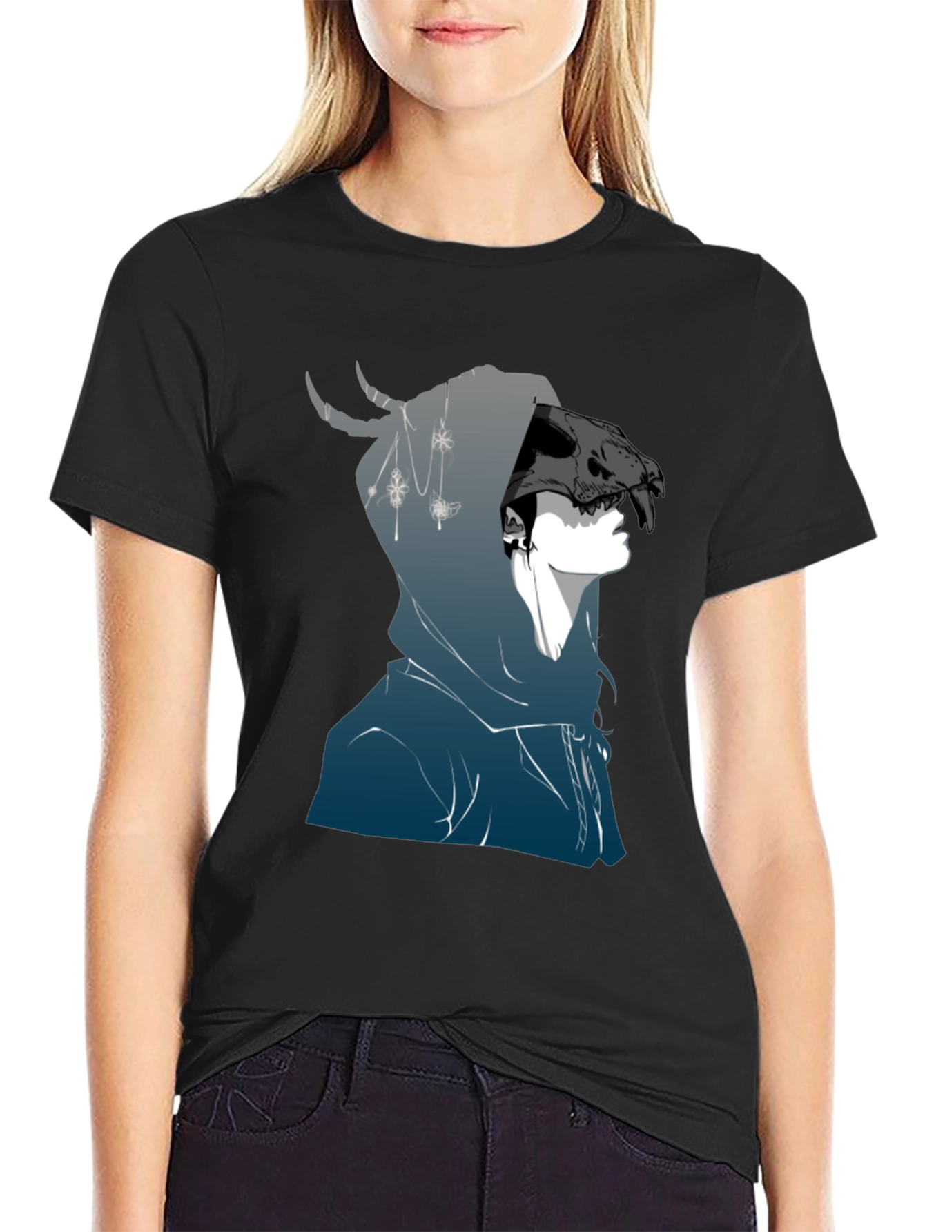 Mens Black Graphic T-Shirt - Skull Hooded Figure
