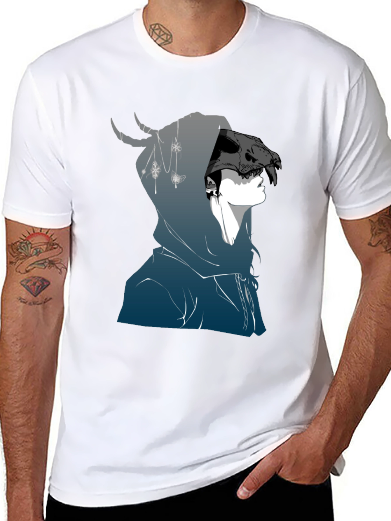 Mens Black Graphic T-Shirt - Skull Hooded Figure