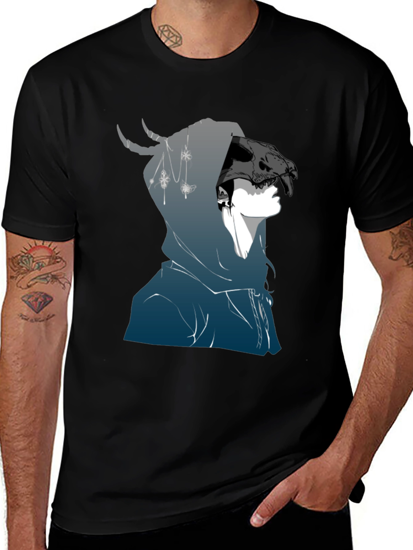Mens Black Graphic T-Shirt - Skull Hooded Figure