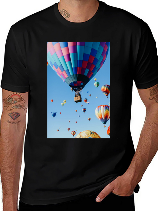 Hot Air Balloon Graphic Tee - Black Cotton Casual Shirt