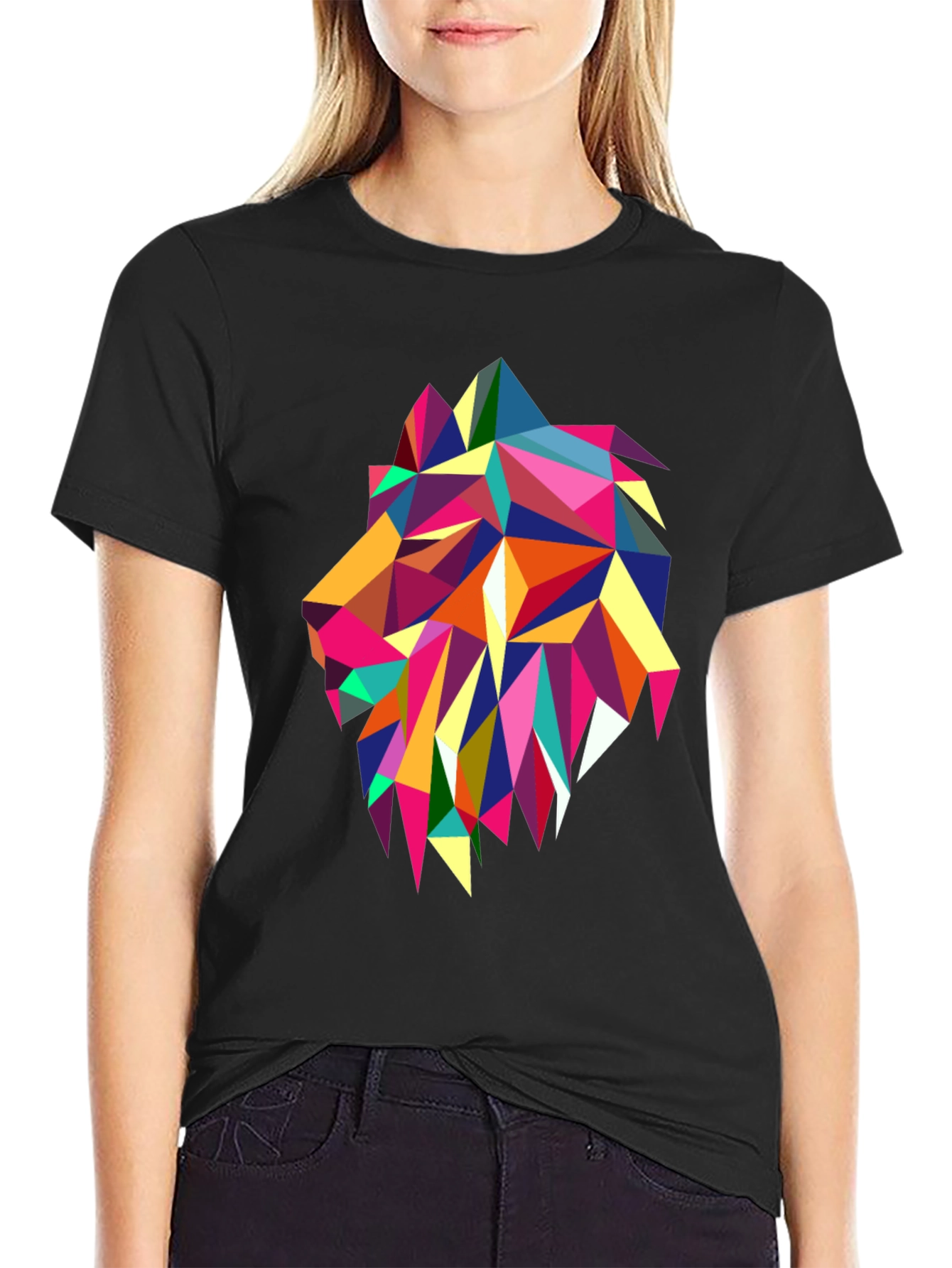 Geometric Lion Graphic Print Black T-Shirt