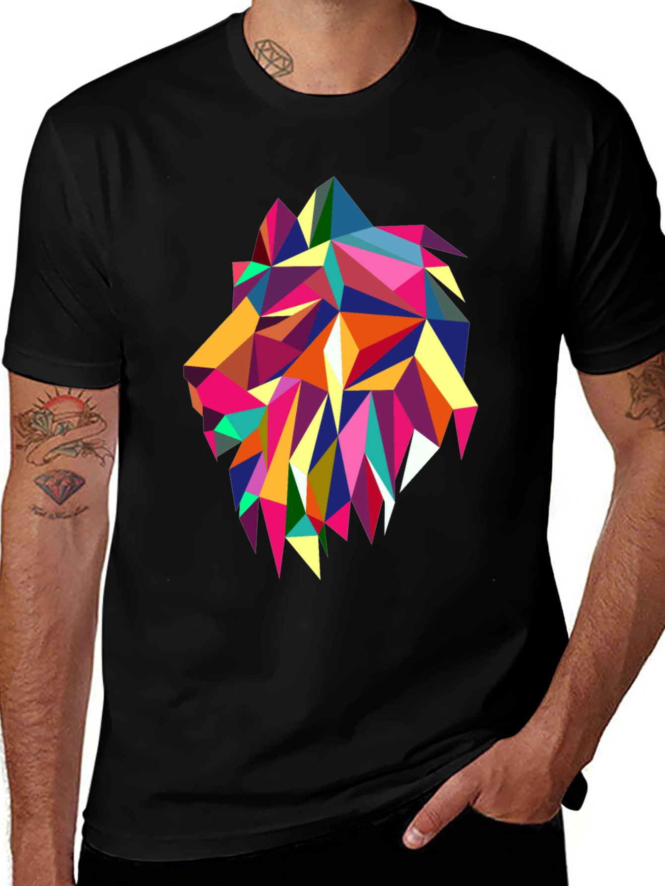 Geometric Lion Graphic Print Black T-Shirt