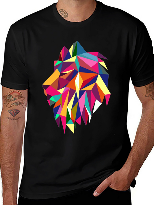 Geometric Lion Graphic Print Black T-Shirt