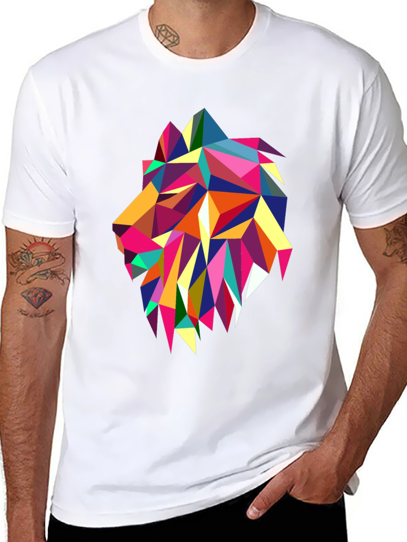 Geometric Lion Graphic Print Black T-Shirt
