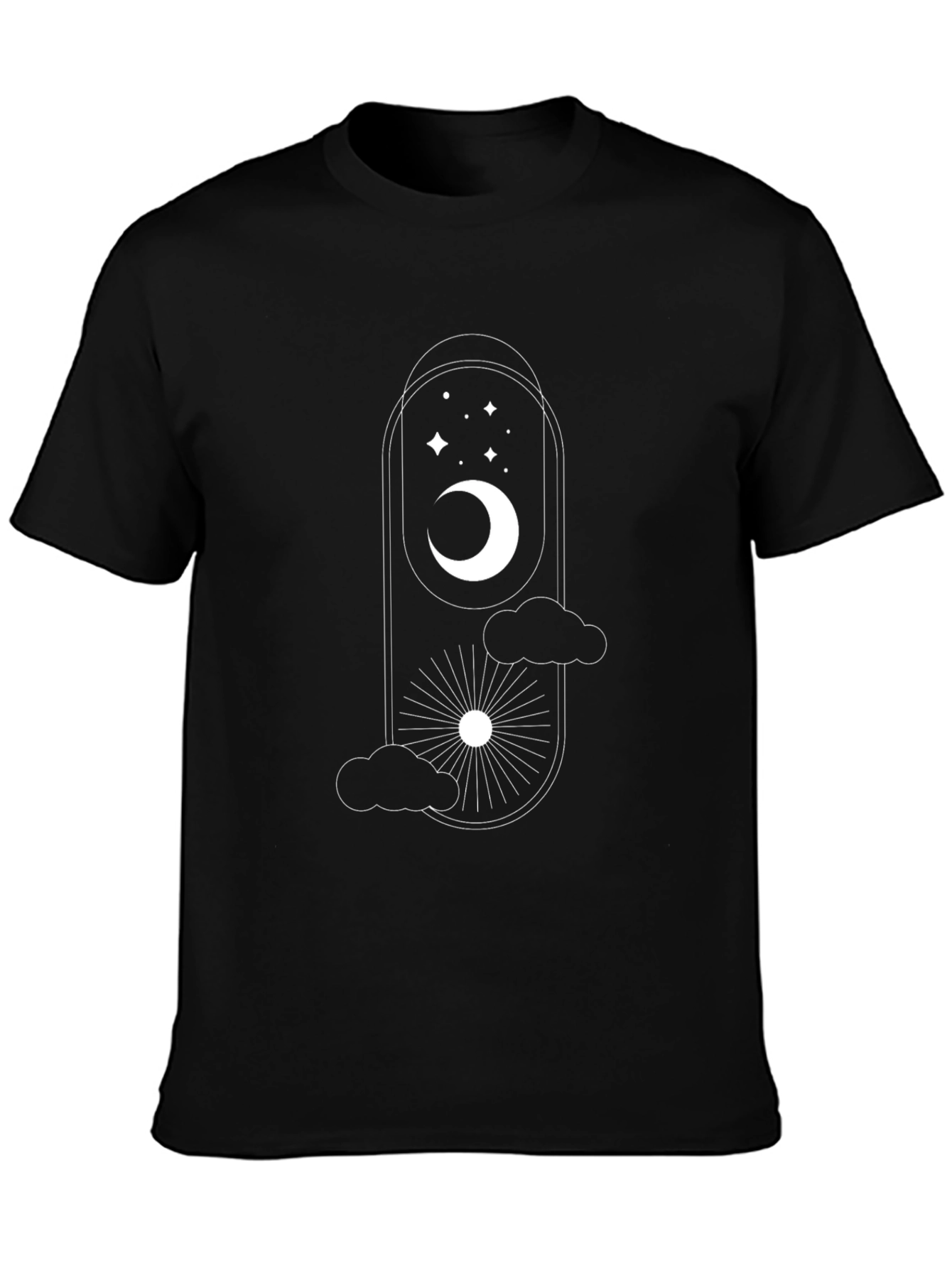 Celestial Dreams Black T-Shirt: Moon Stars & Sun Design