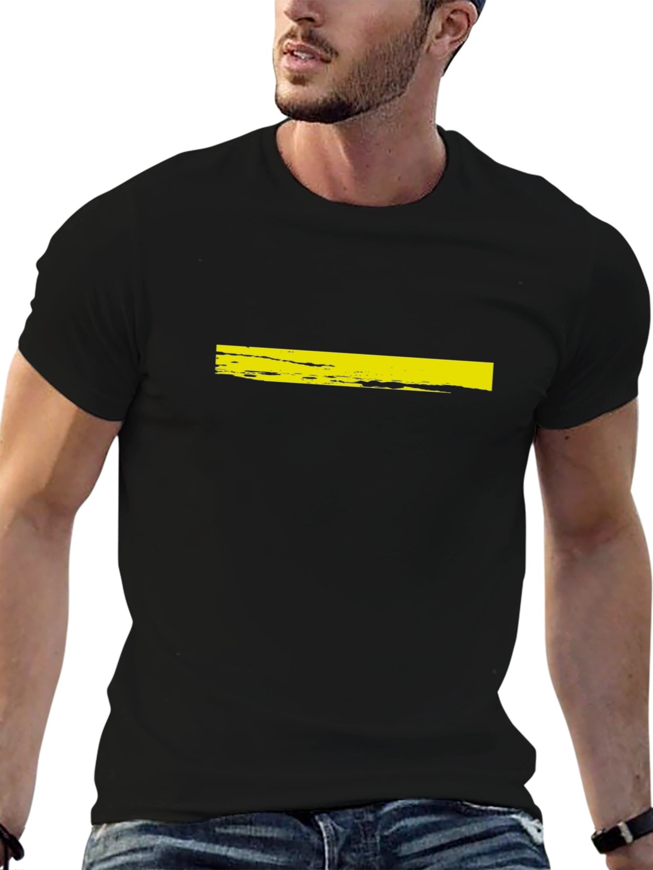 Mens Black T-Shirt with Yellow Brushstroke Design