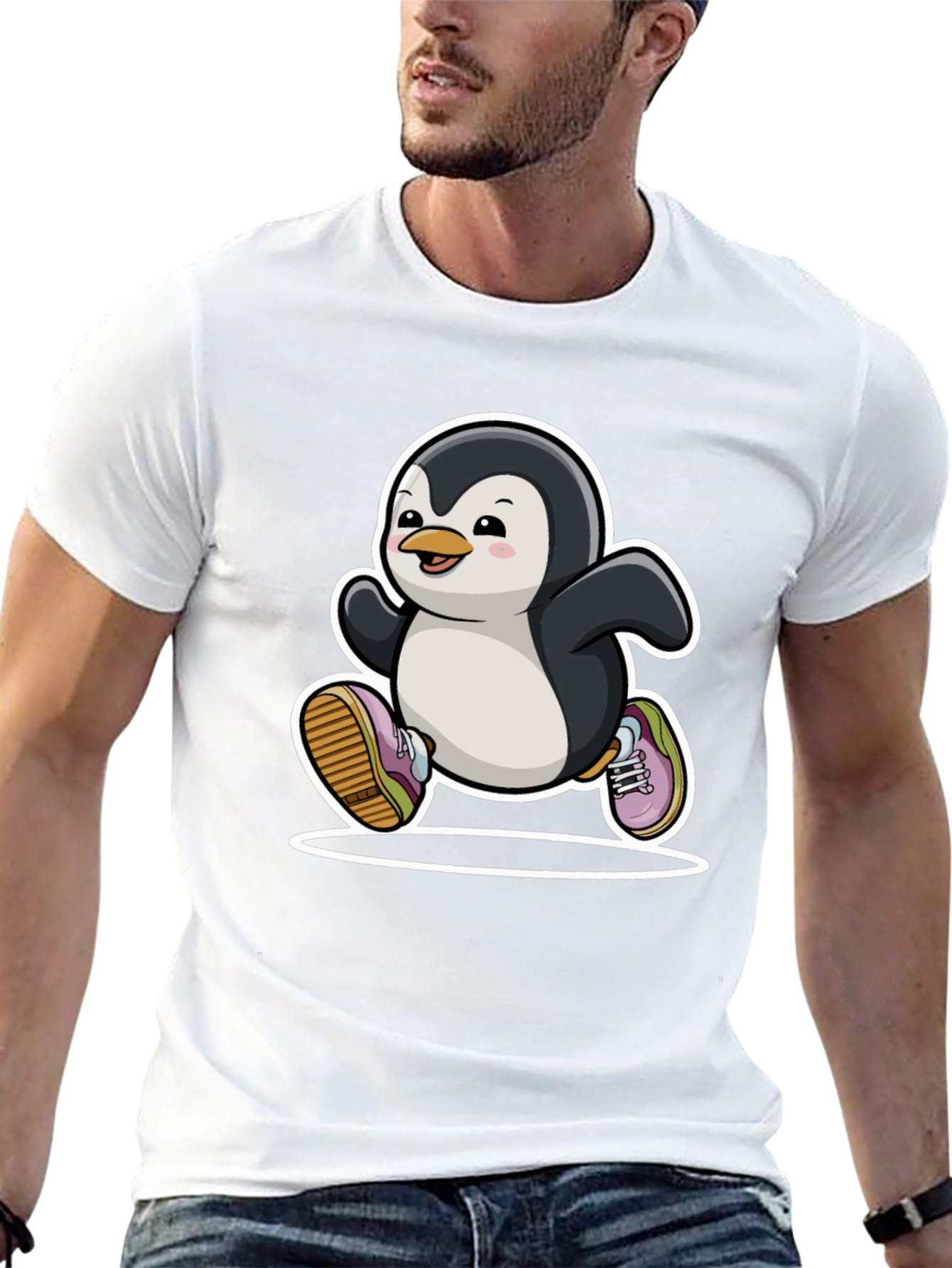 Running Penguin Graphic Tee - Black Cotton Casual Shirt