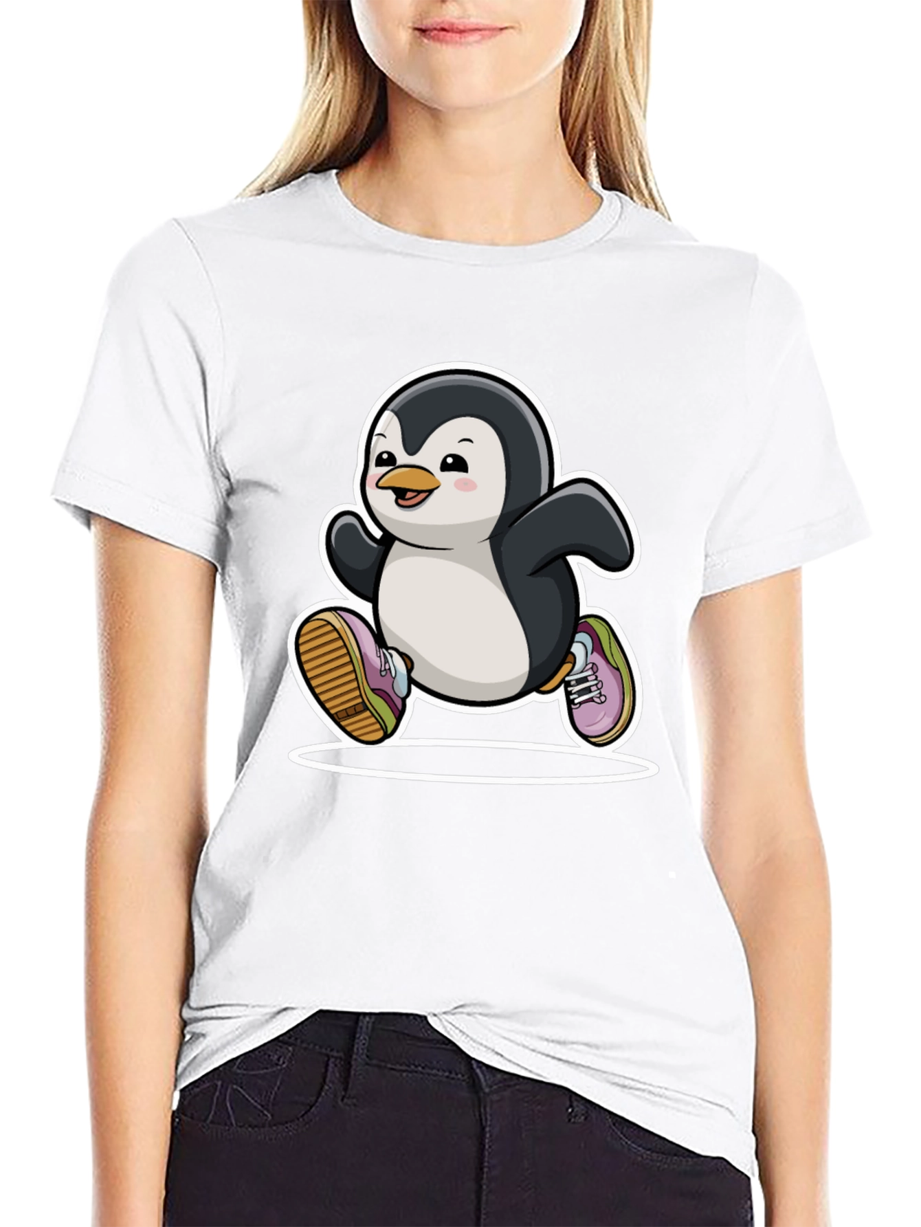 Running Penguin Graphic Tee - Black Cotton Casual Shirt