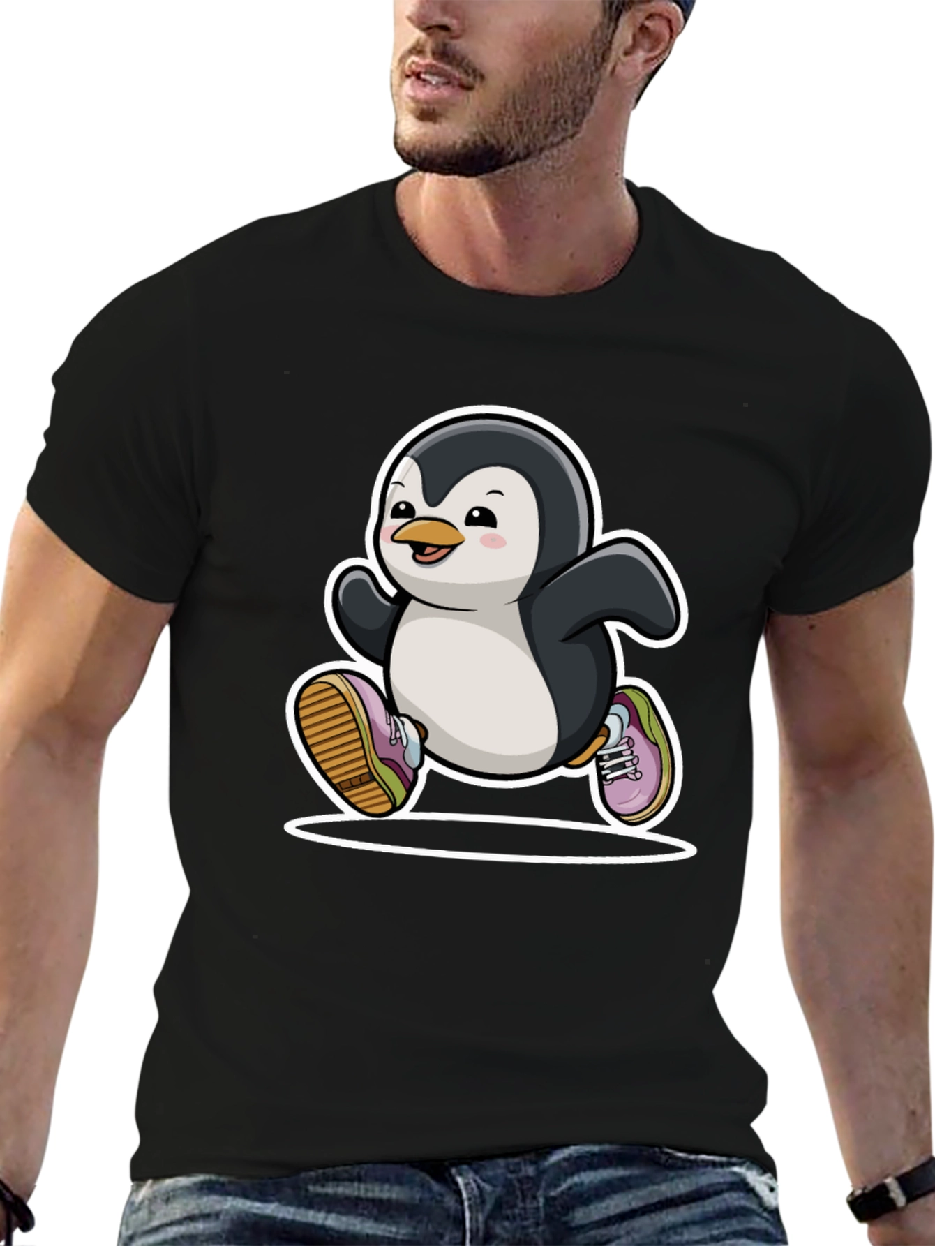 Running Penguin Graphic Tee - Black Cotton Casual Shirt