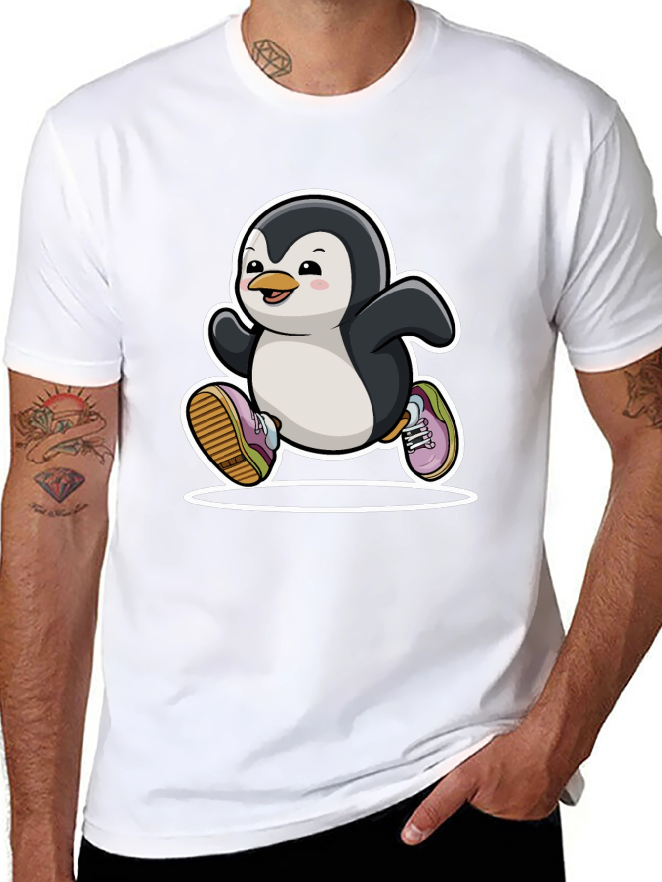 Running Penguin Graphic Tee - Black Cotton Casual Shirt