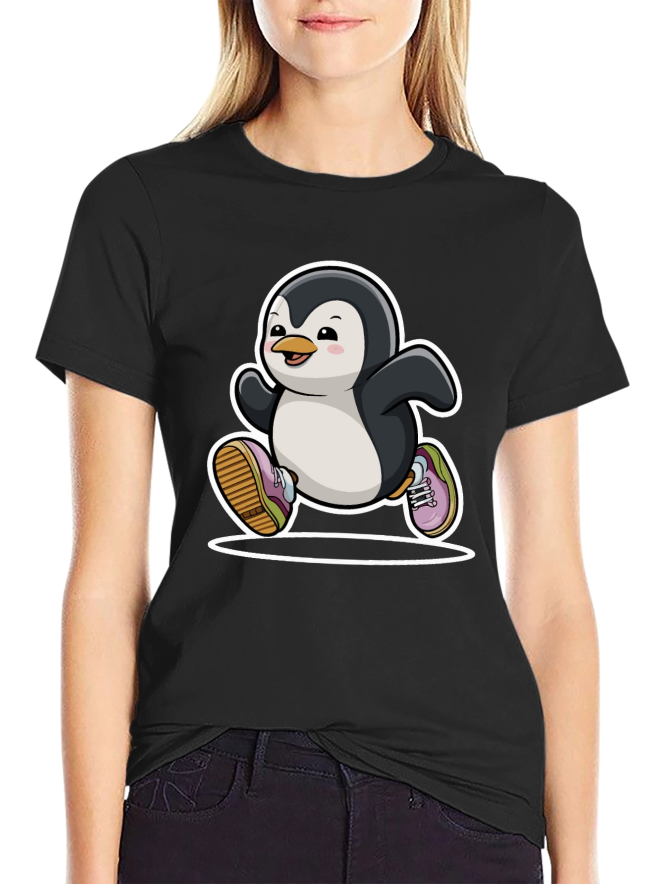 Running Penguin Graphic Tee - Black Cotton Casual Shirt