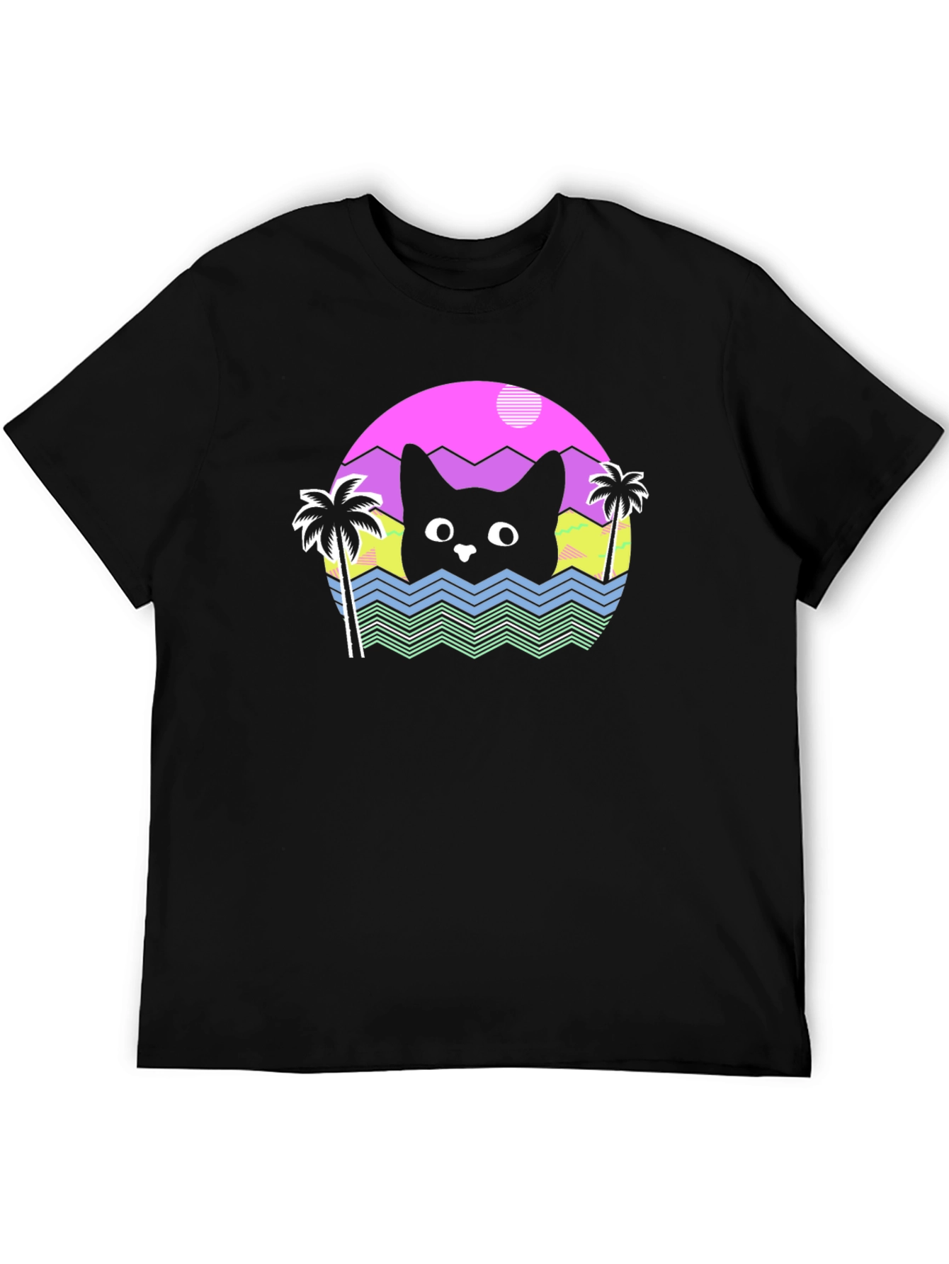 Retro Cat Waves Black T-Shirt