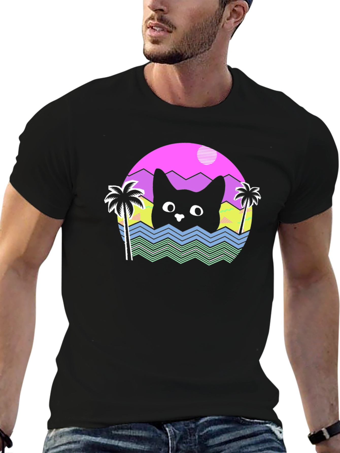 Retro Cat Waves Black T-Shirt