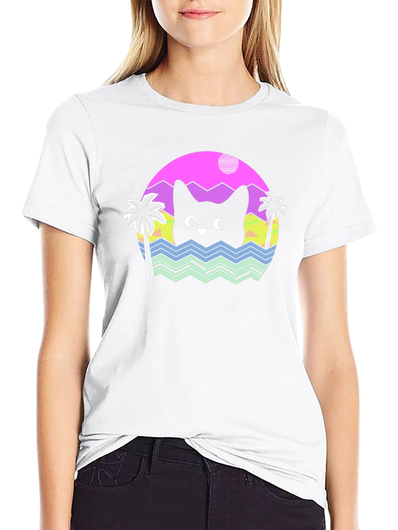 Retro Cat Waves Black T-Shirt
