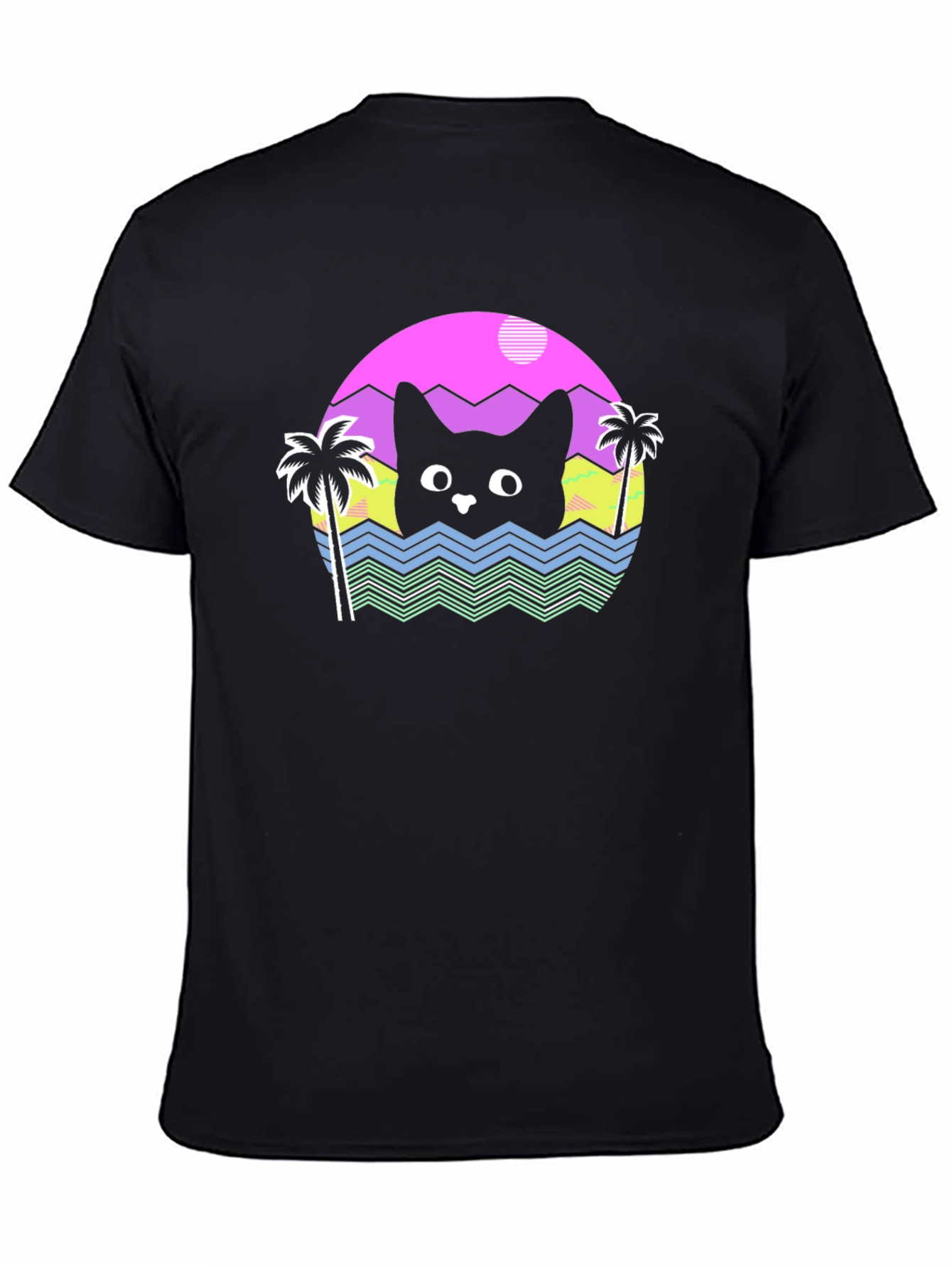 Retro Cat Waves Black T-Shirt