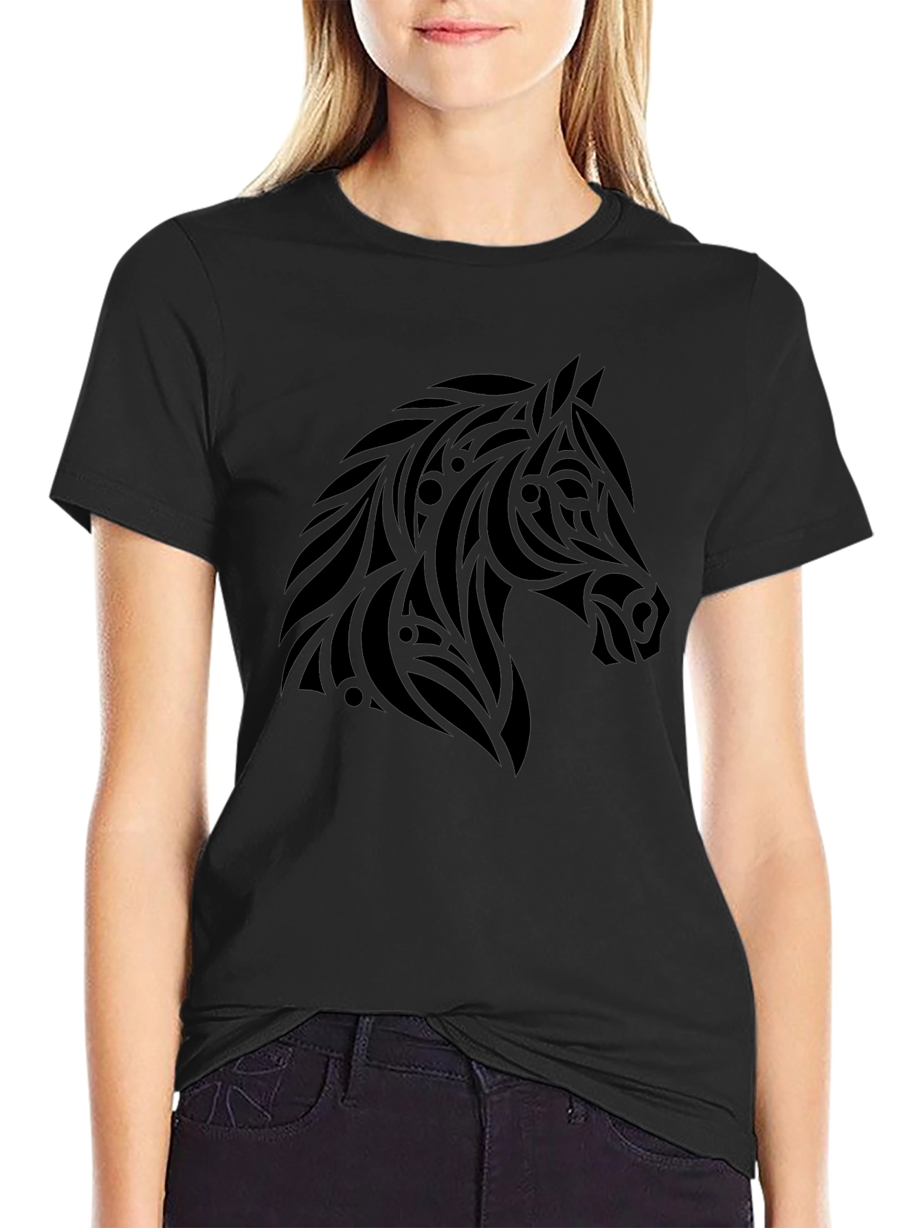 Tribal Horse Graphic Tee - Black Cotton Casual