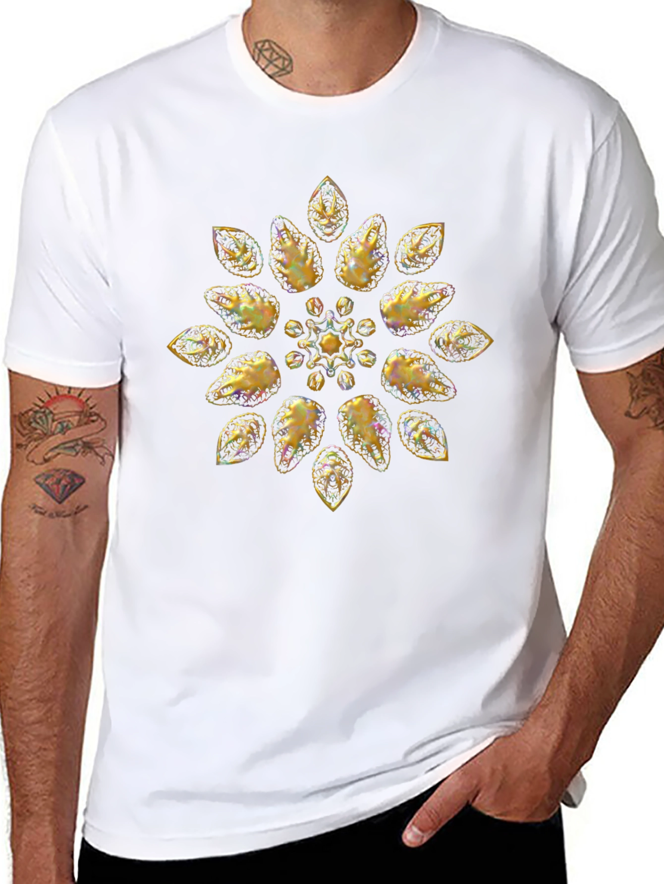 Golden Floral Pattern Black T-Shirt