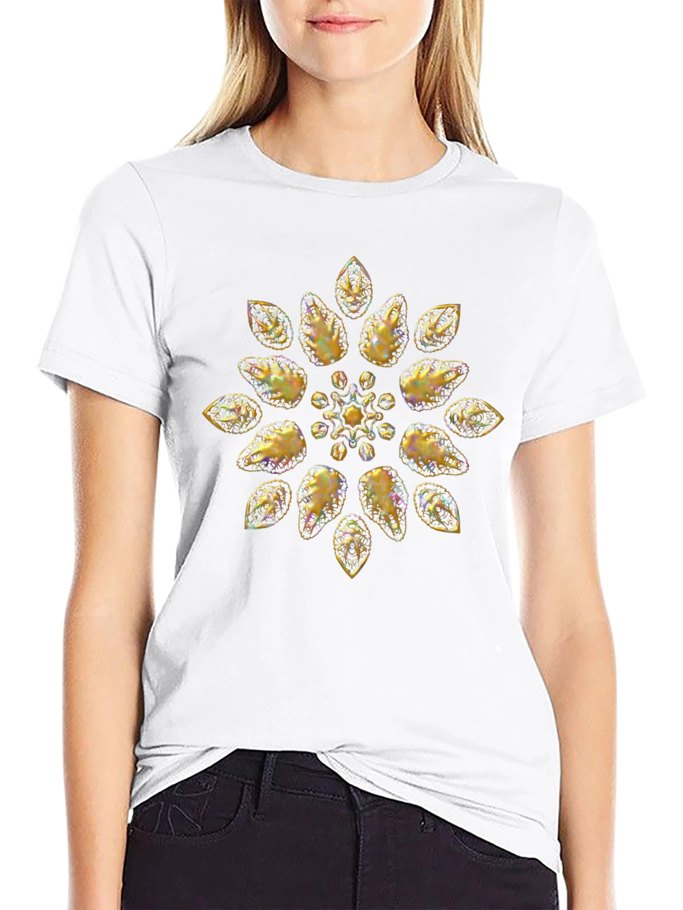 Golden Floral Pattern Black T-Shirt