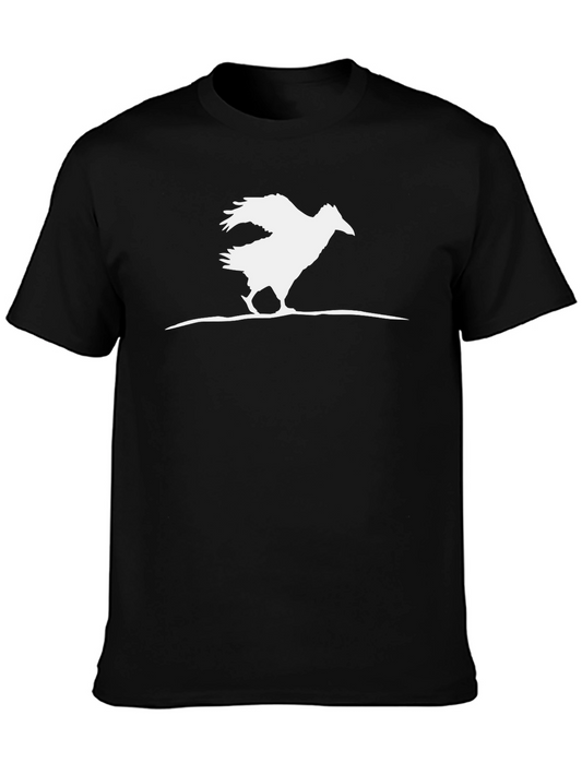 Graphic Tee: White Bird Print on Black - Casual Style