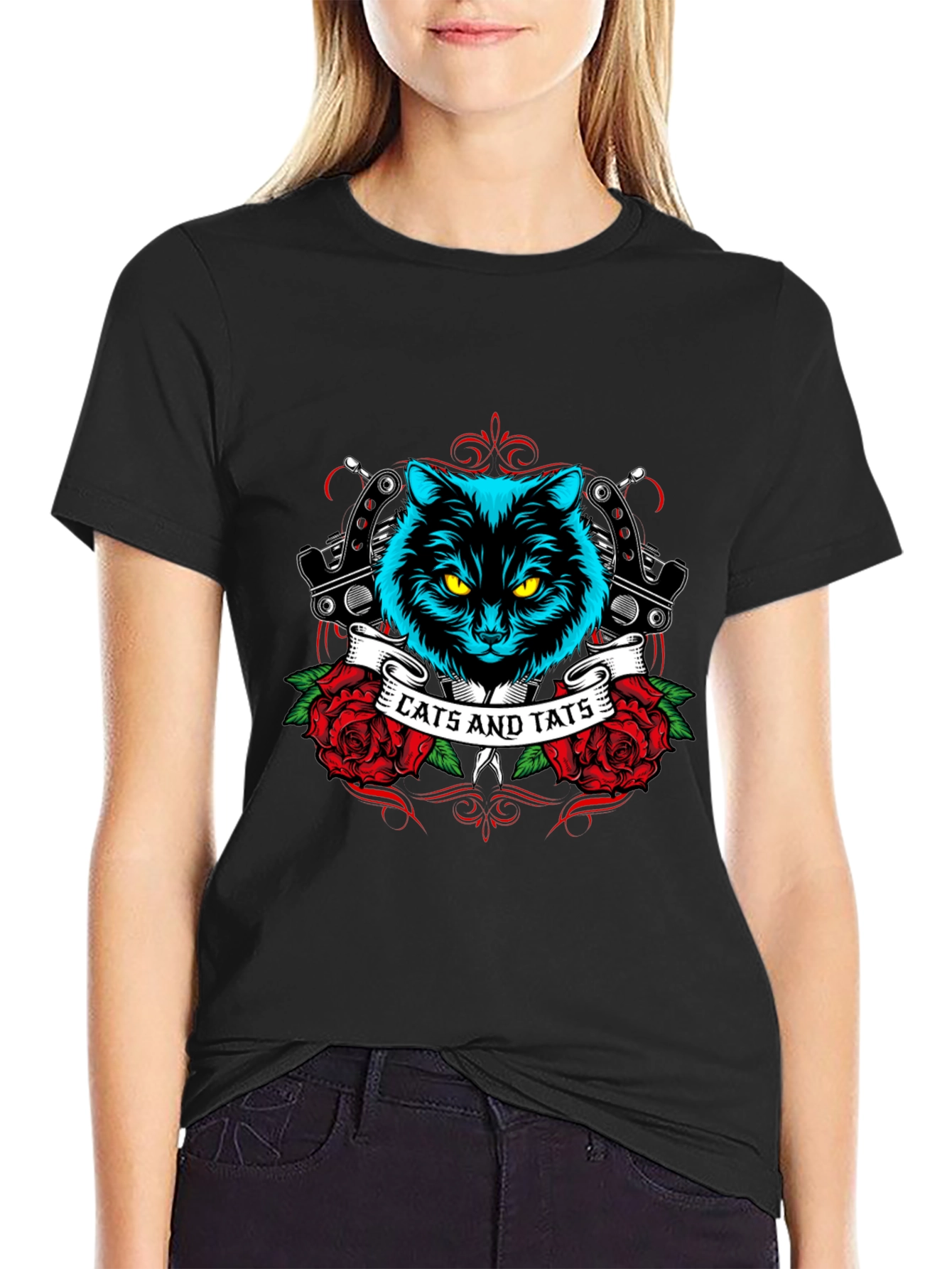 Cats and Tats Black Graphic T-Shirt