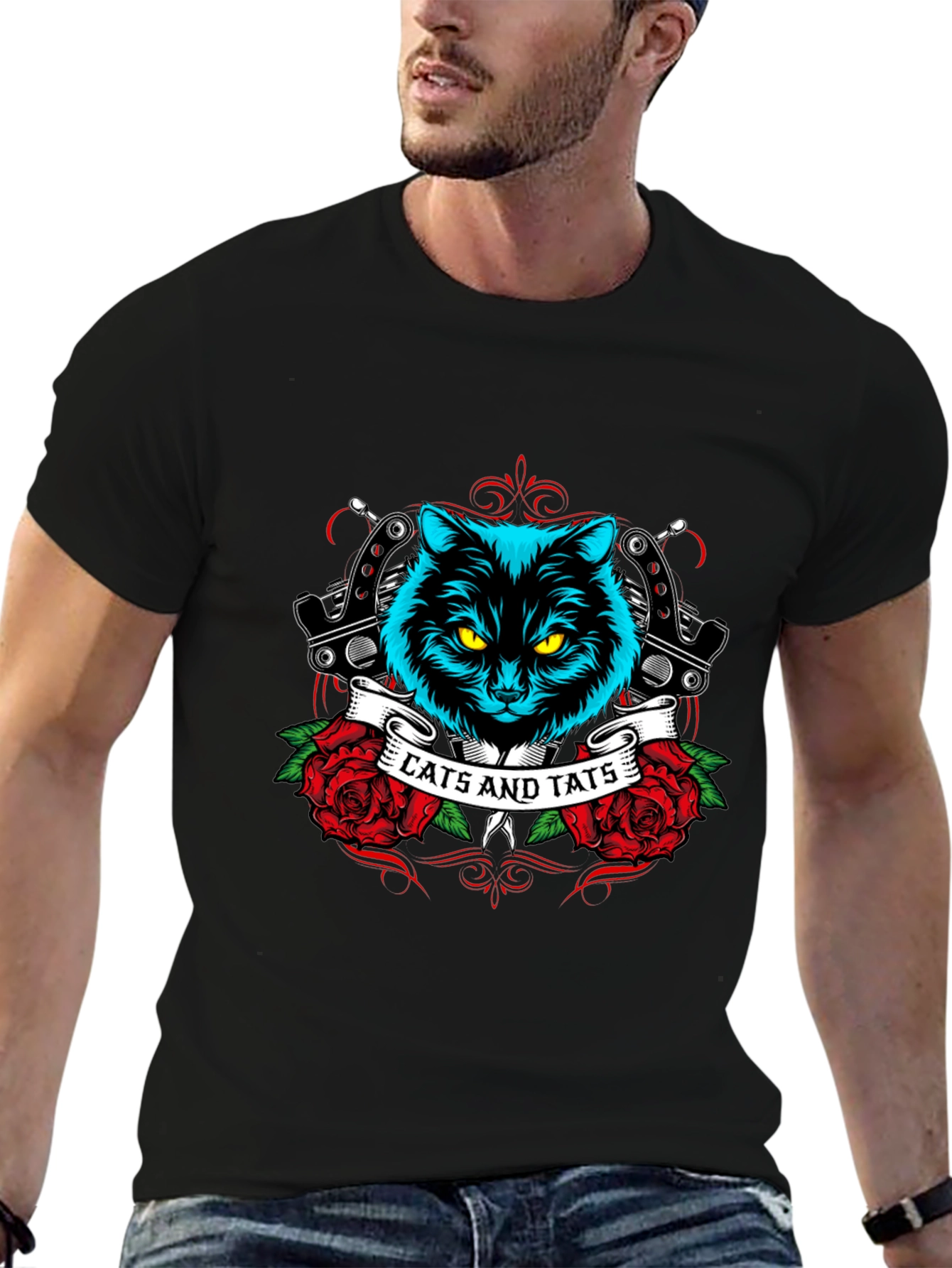 Cats and Tats Black Graphic T-Shirt