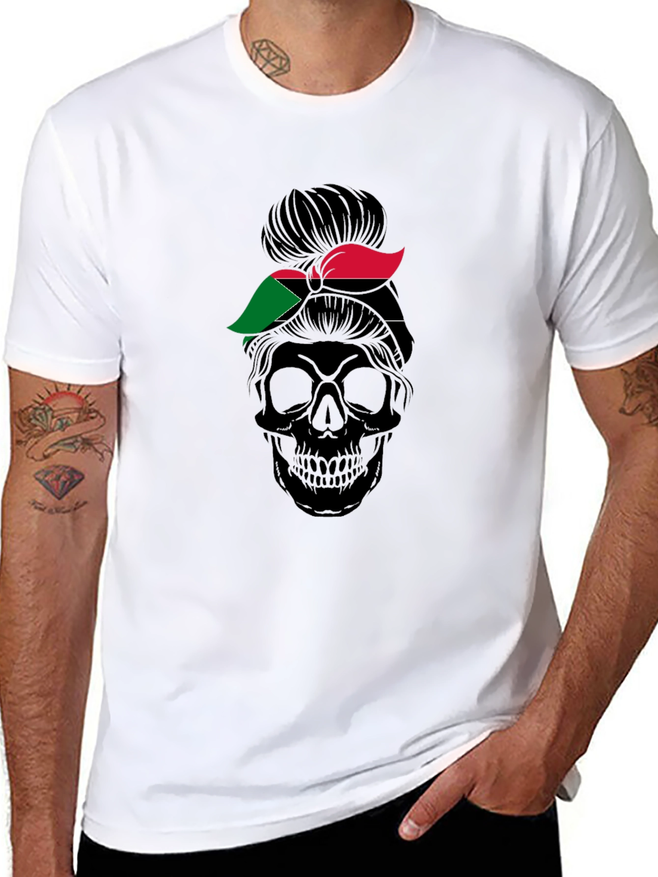 Sudan Flag Messy Bun Skull T-Shirt