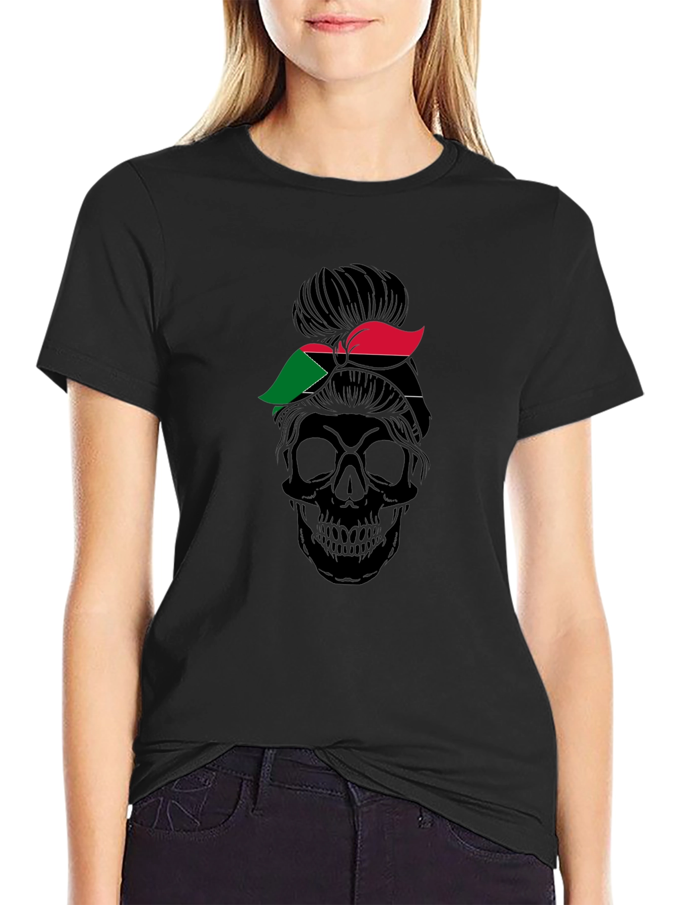 Sudan Flag Messy Bun Skull T-Shirt