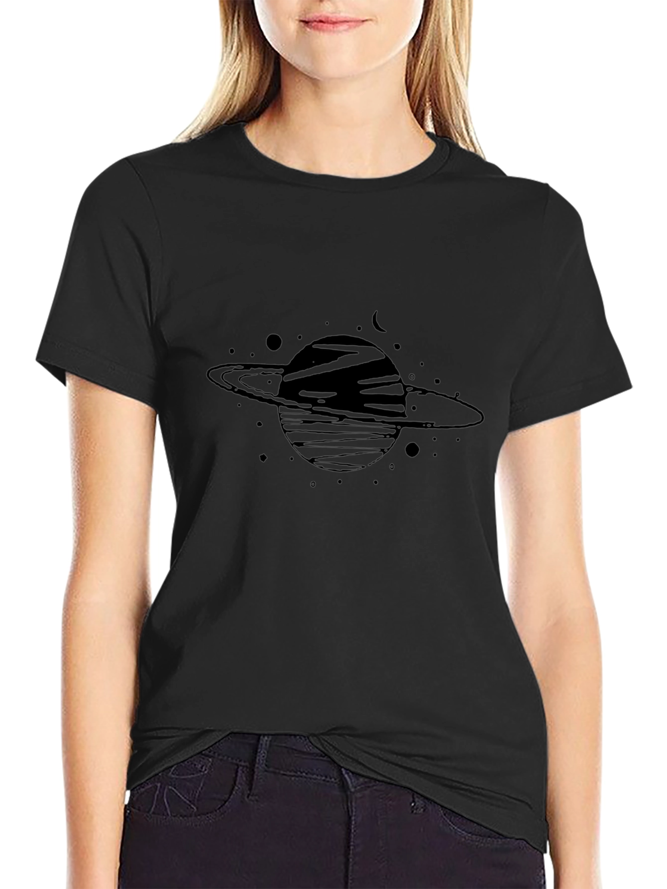 Saturn Graphic Black T-Shirt - Trendy Space Design