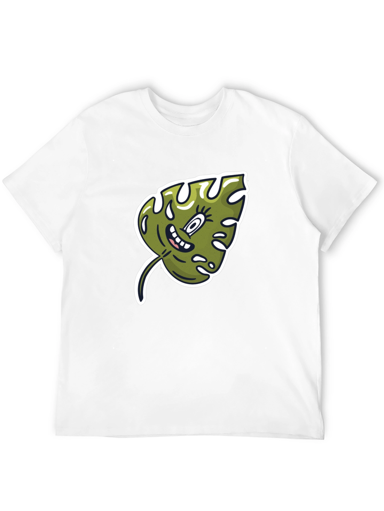 Cartoon Monstera Leaf Graphic Tee - Black Cotton Shirt