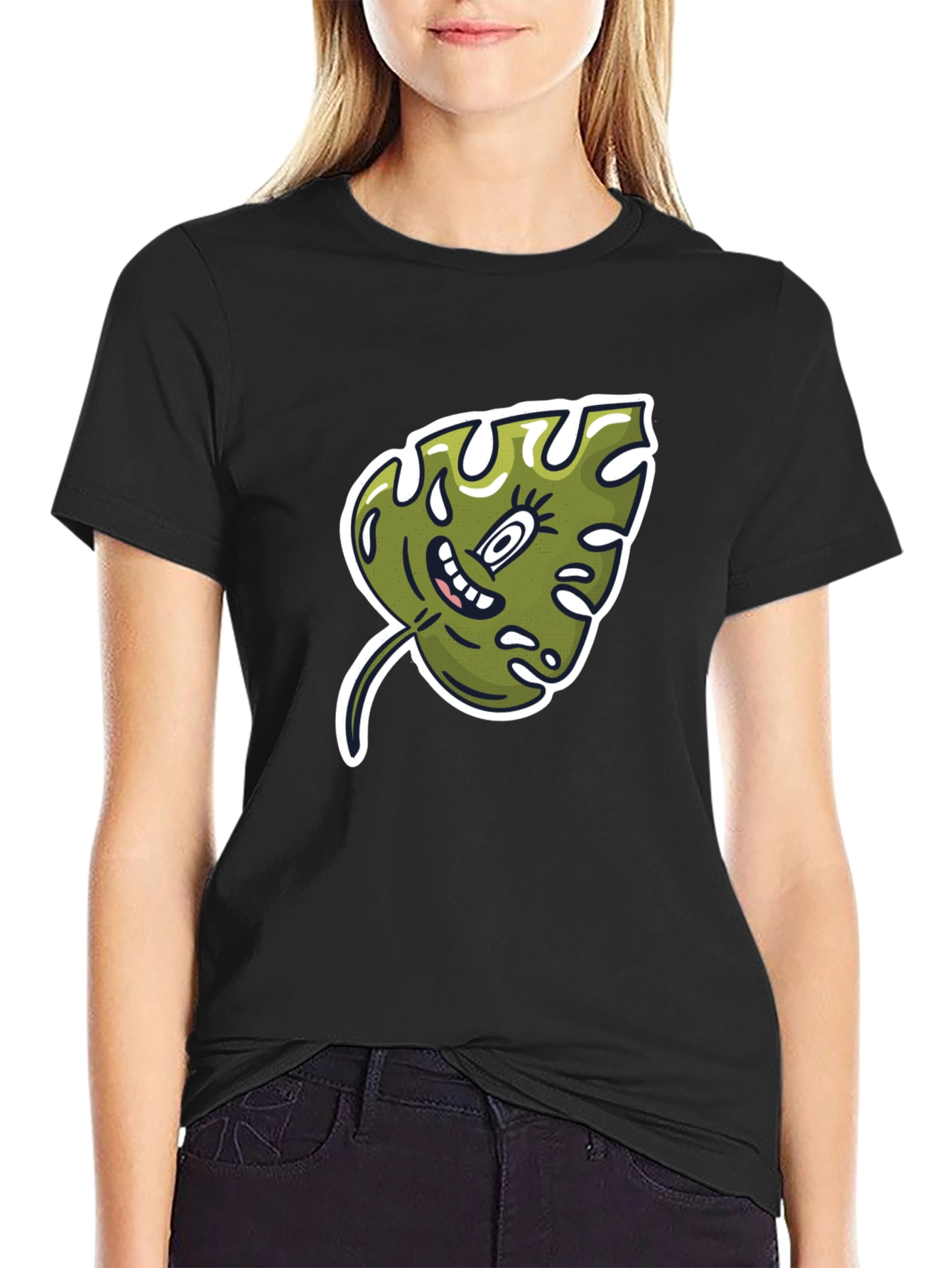 Cartoon Monstera Leaf Graphic Tee - Black Cotton Shirt