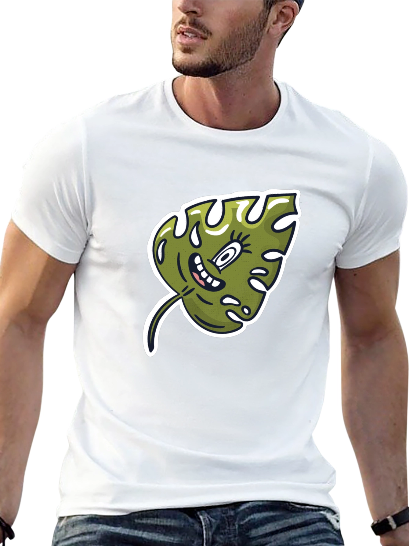 Cartoon Monstera Leaf Graphic Tee - Black Cotton Shirt