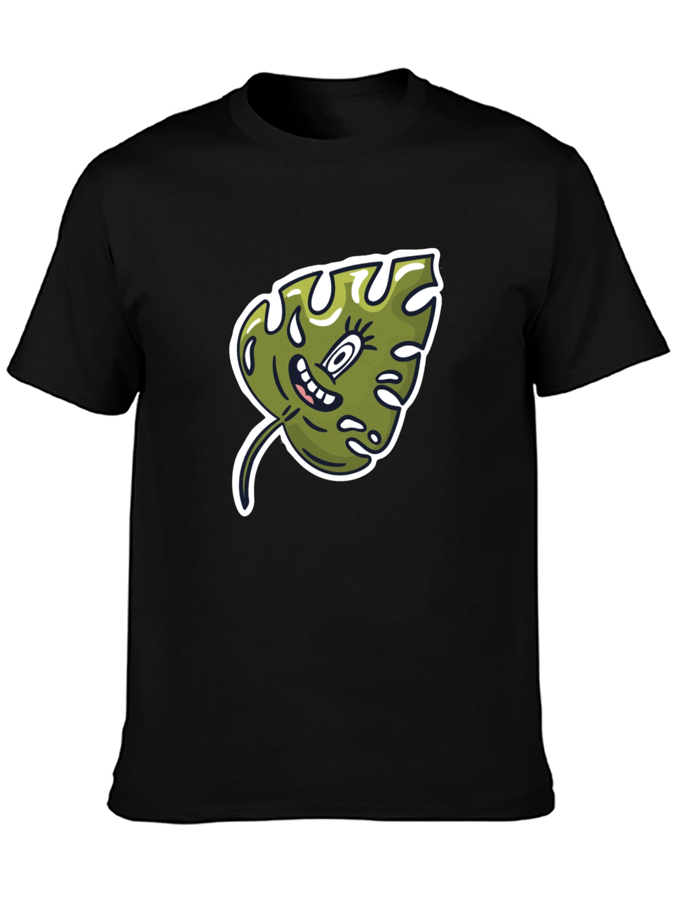 Cartoon Monstera Leaf Graphic Tee - Black Cotton Shirt