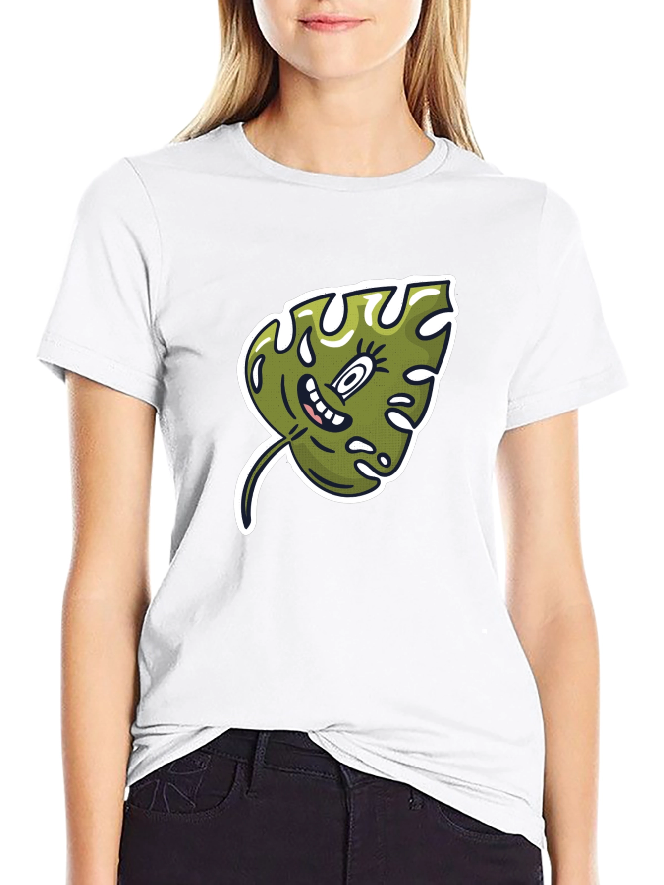 Cartoon Monstera Leaf Graphic Tee - Black Cotton Shirt