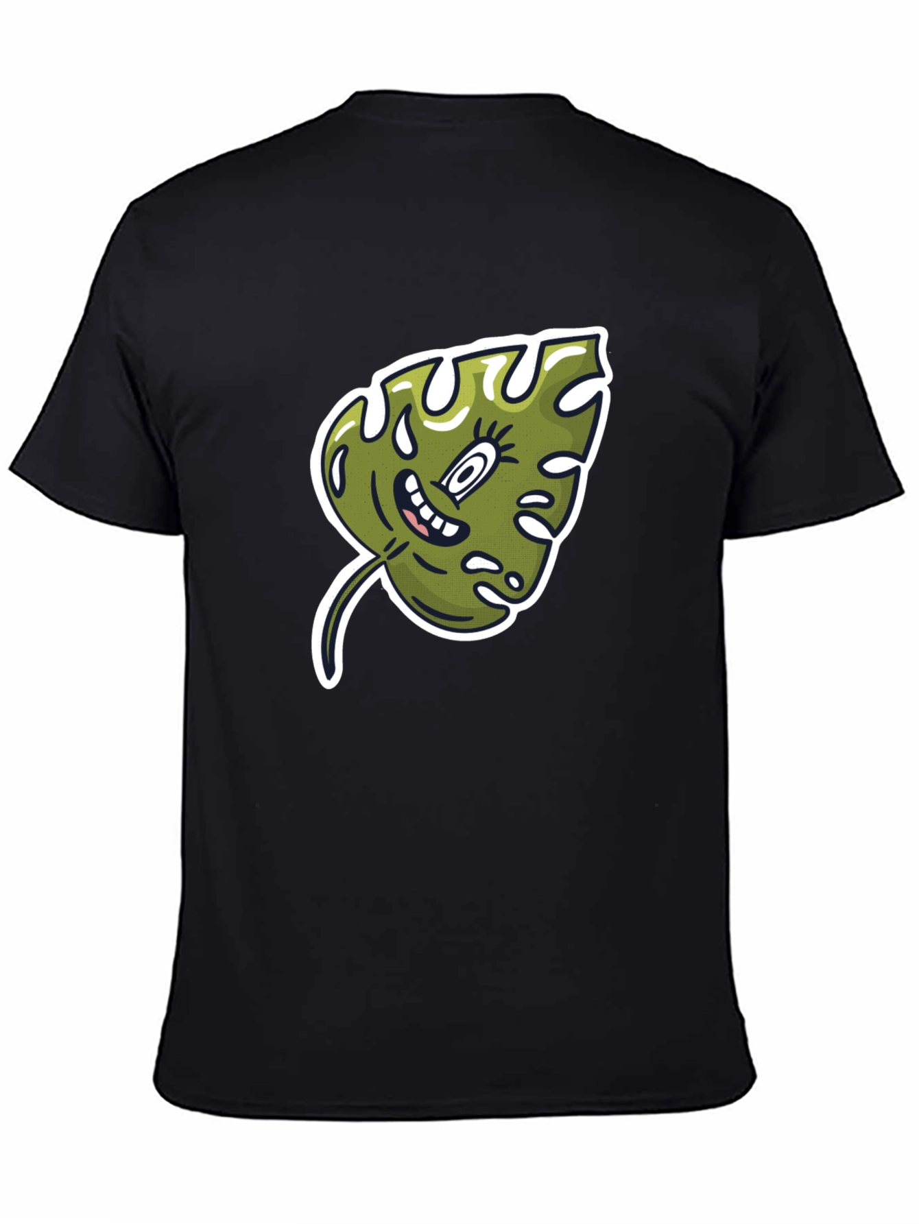 Cartoon Monstera Leaf Graphic Tee - Black Cotton Shirt