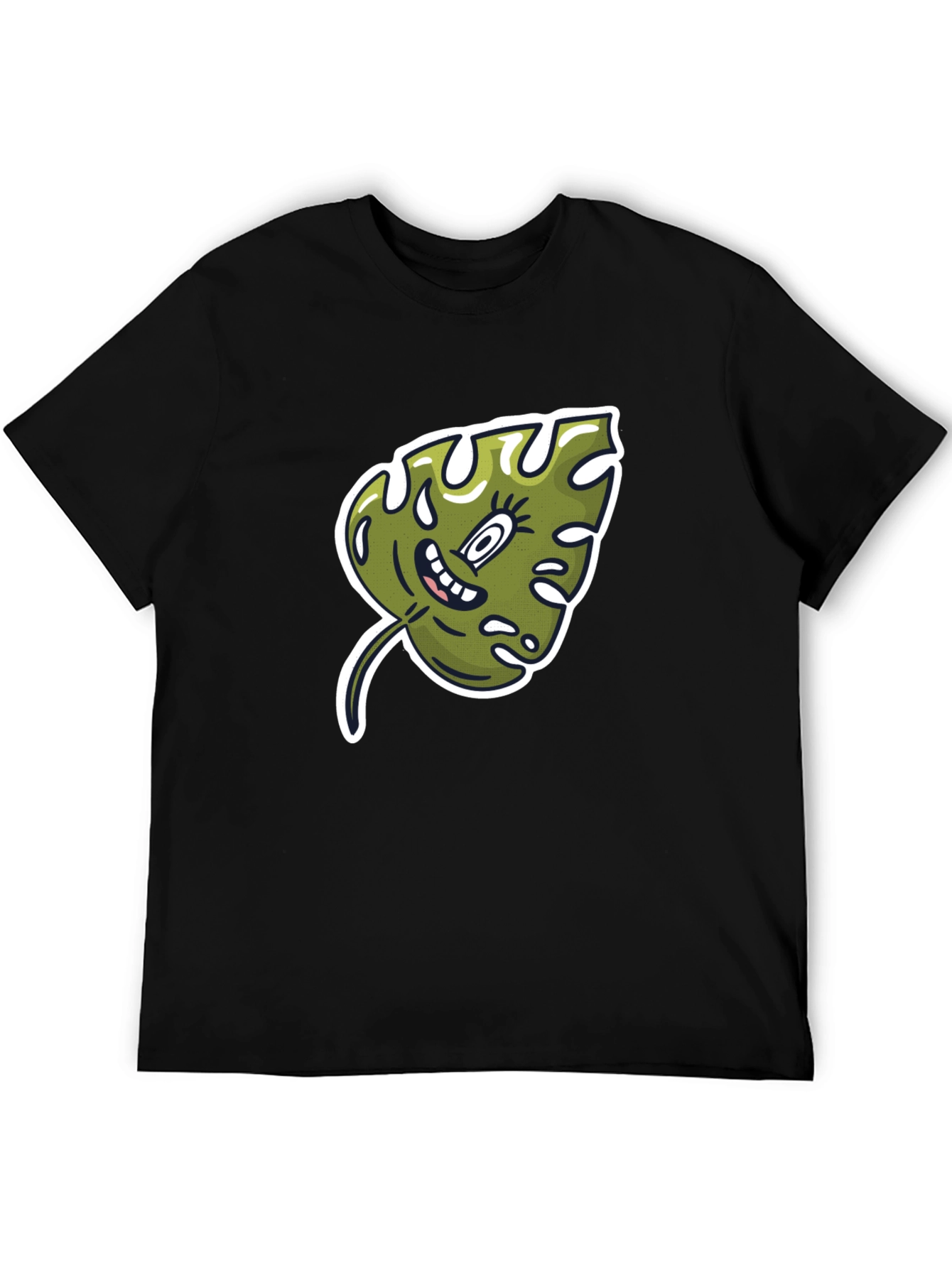 Cartoon Monstera Leaf Graphic Tee - Black Cotton Shirt