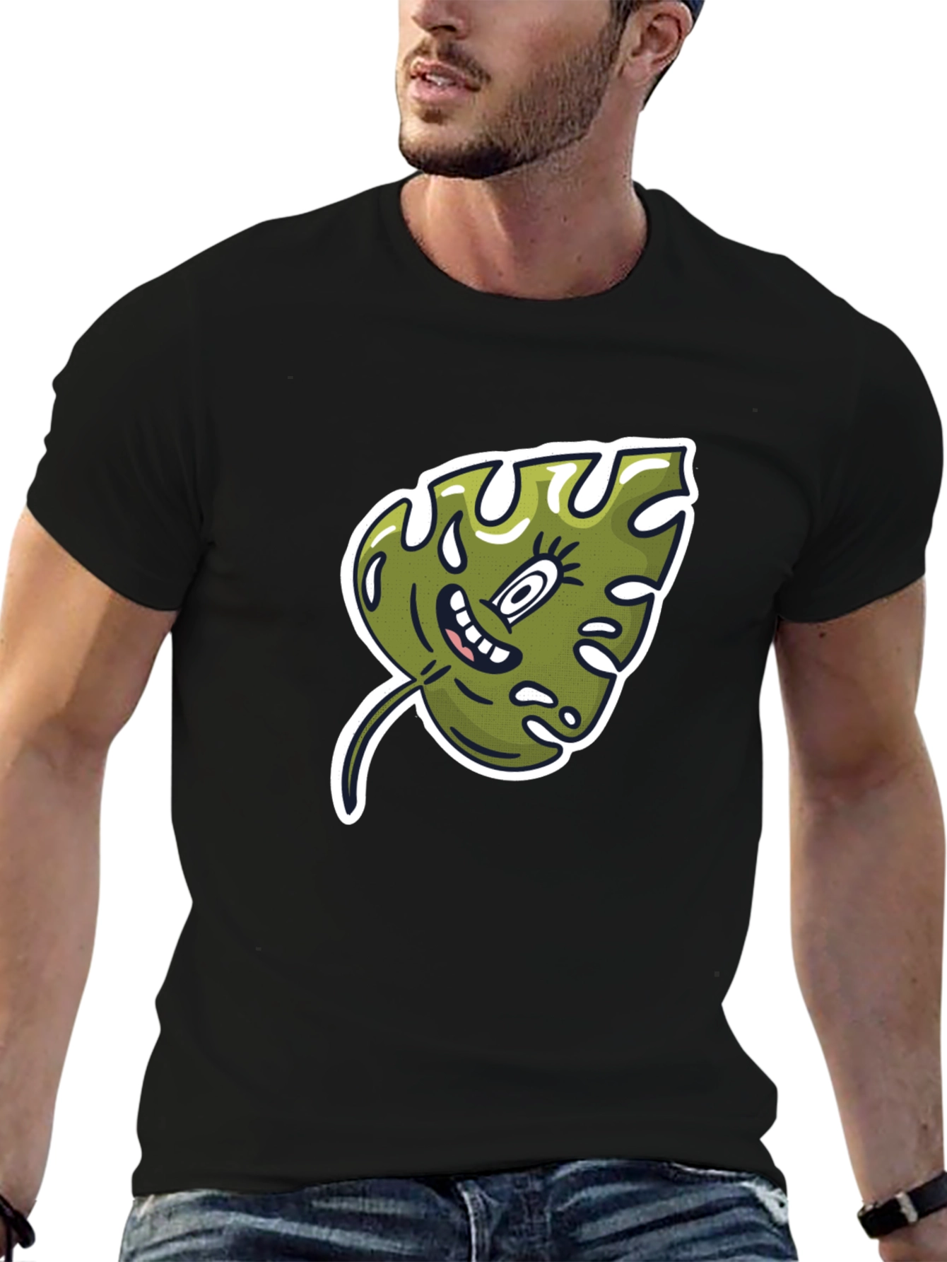 Cartoon Monstera Leaf Graphic Tee - Black Cotton Shirt