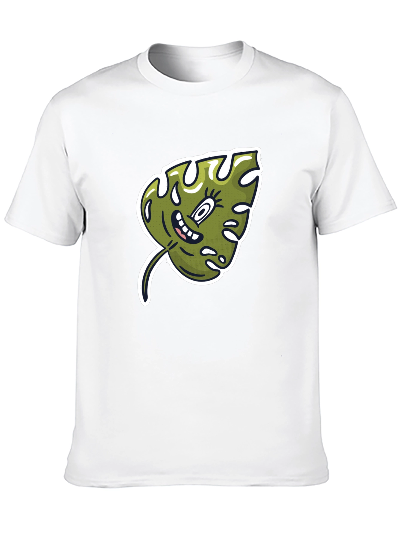 Cartoon Monstera Leaf Graphic Tee - Black Cotton Shirt