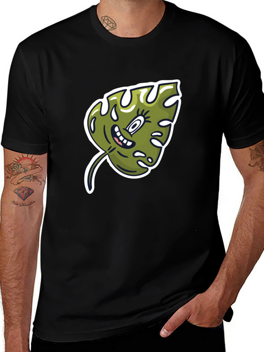 Cartoon Monstera Leaf Graphic Tee - Black Cotton Shirt