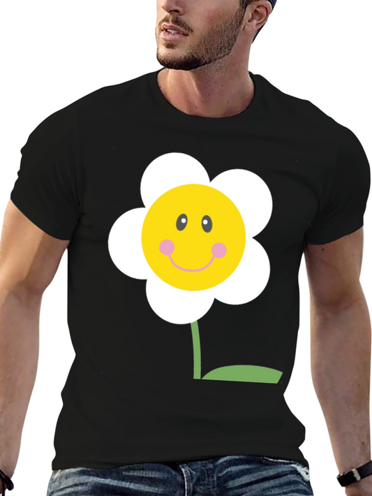 Happy Flower Graphic Tee - Black Cotton Shirt