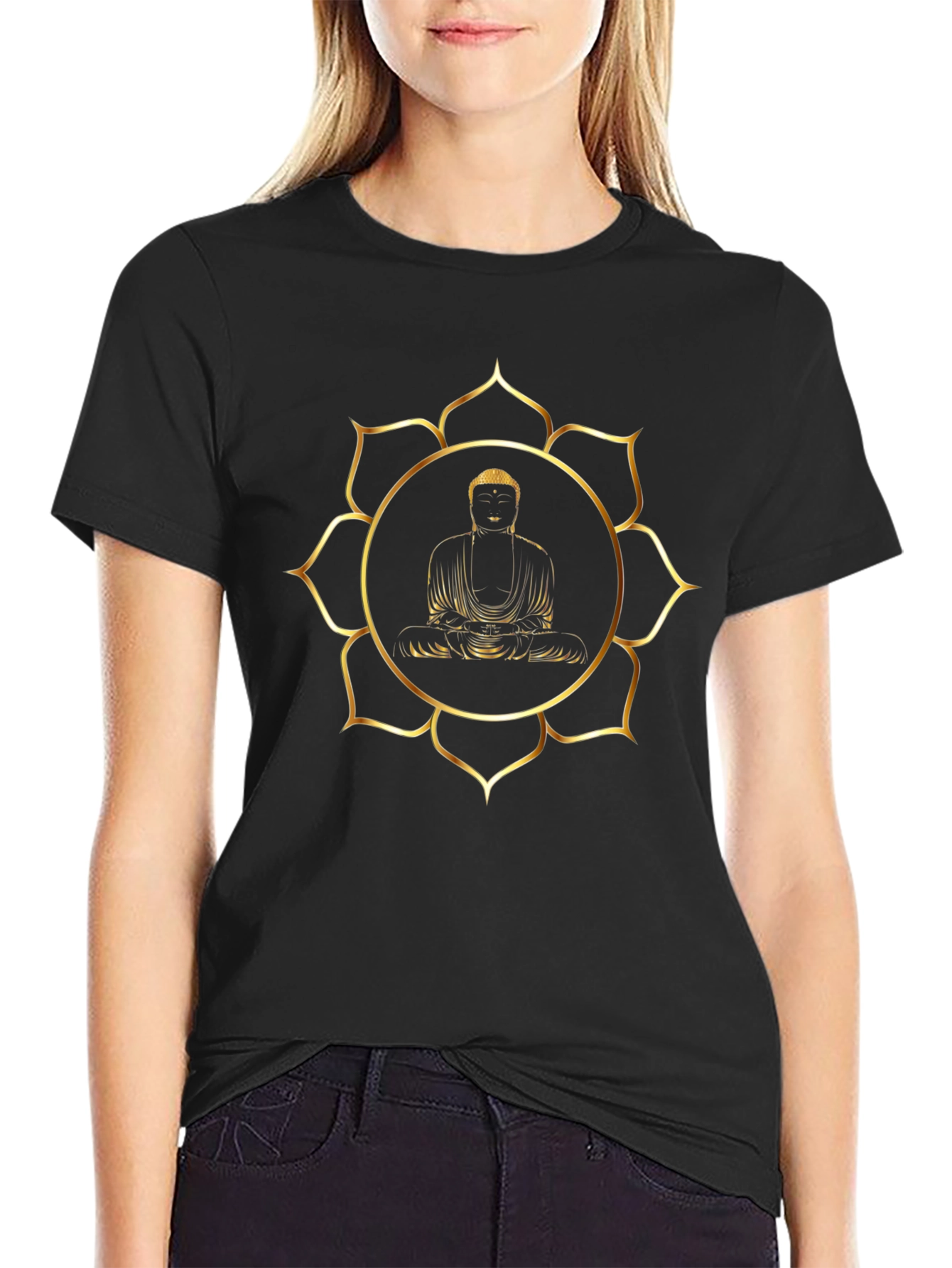 Buddha Gold Lotus Graphic Black T-Shirt