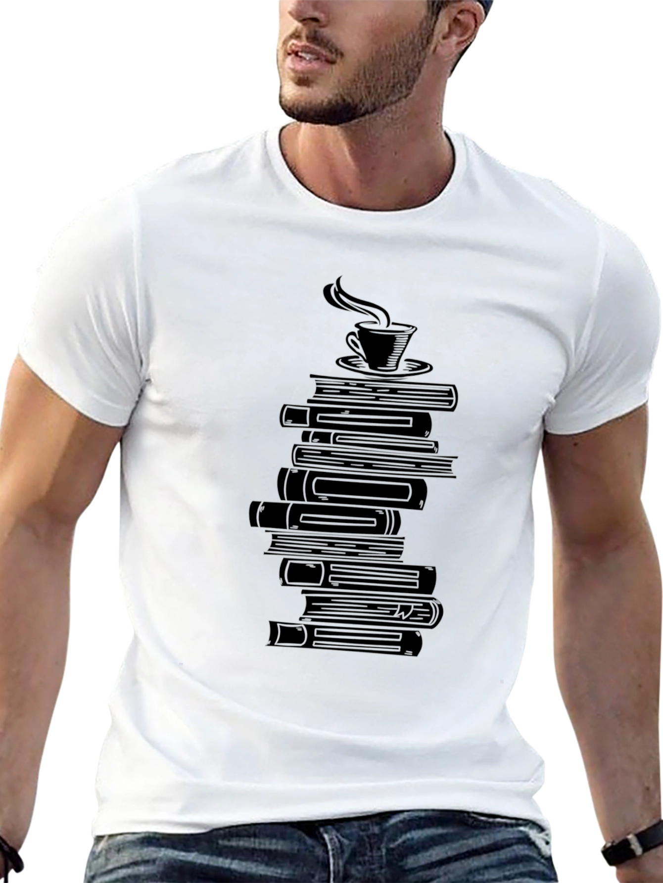 Book Lovers Tee - Stacked Books & Coffee