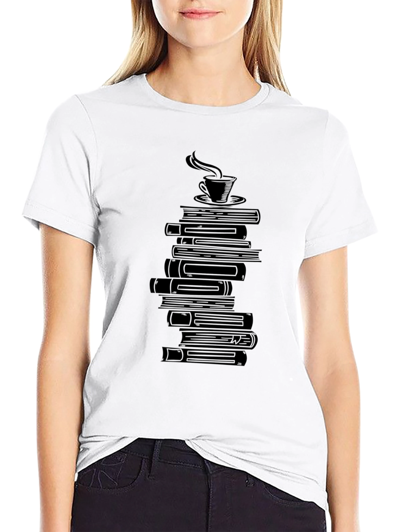 Book Lovers Tee - Stacked Books & Coffee