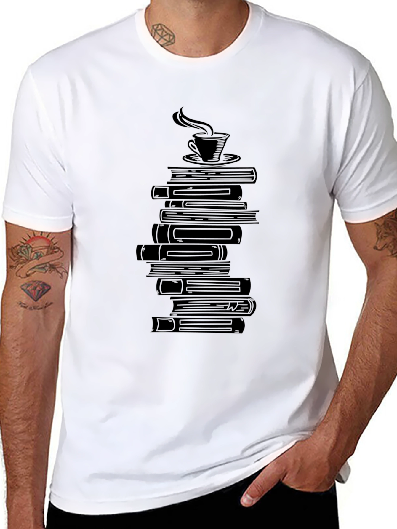Book Lovers Tee - Stacked Books & Coffee
