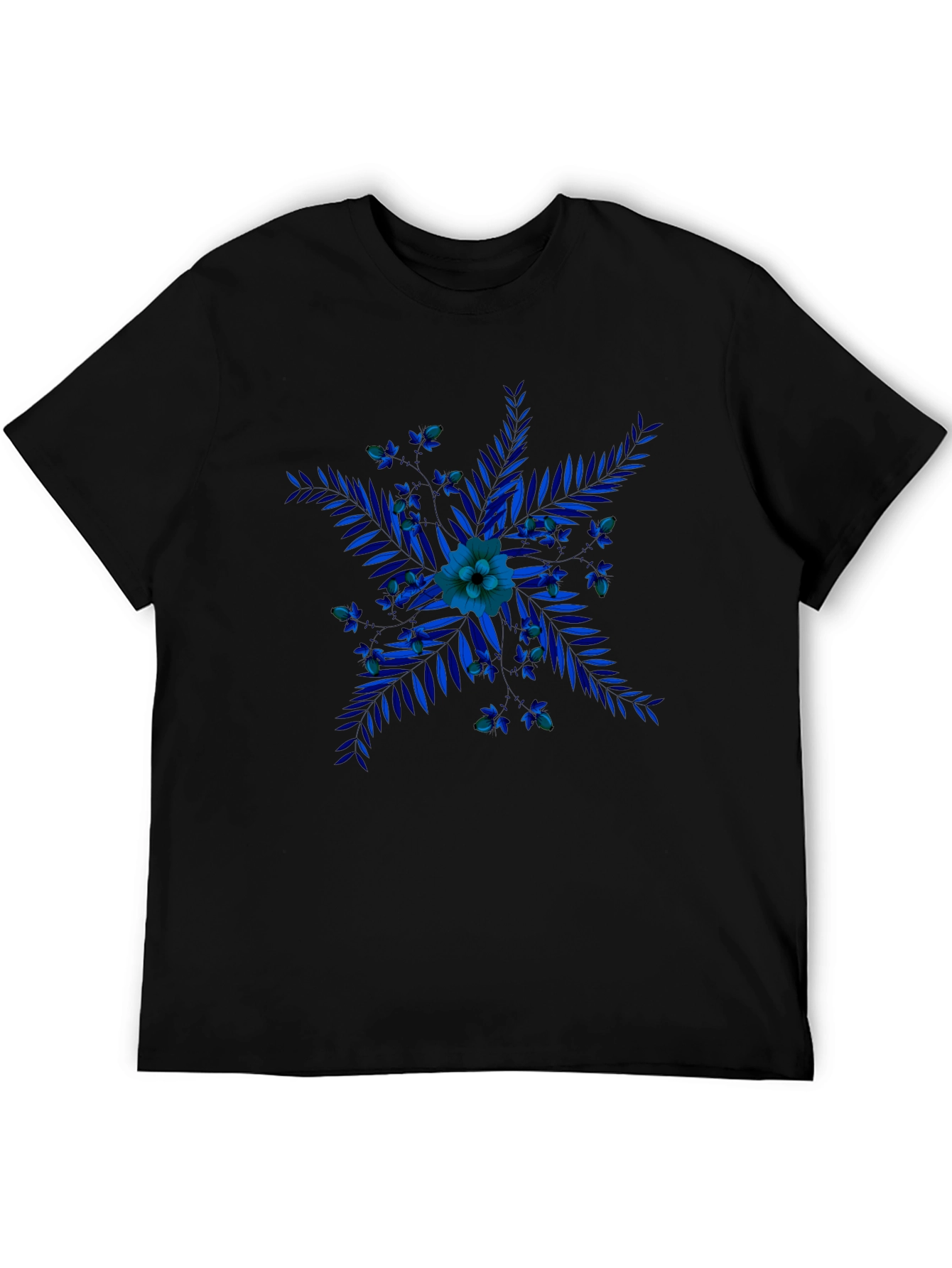 Blue Floral Print Black T-Shirt