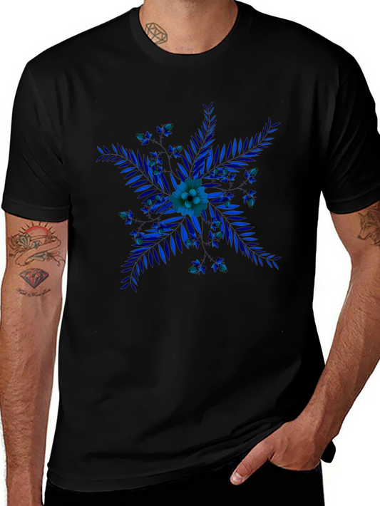 Blue Floral Print Black T-Shirt